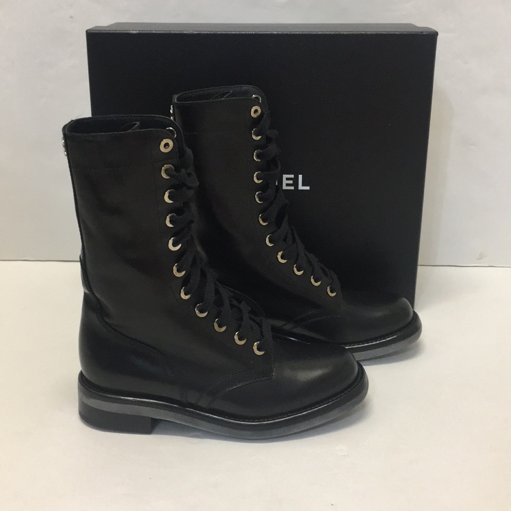 AMAZING Chanel Combat Black Leather Boots 35.5
